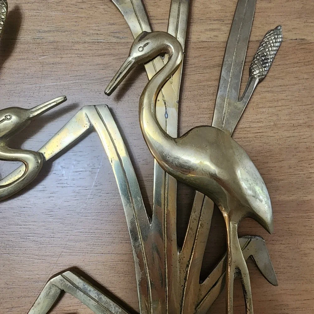 Brass MCM Crane Egret Heron In Reeds Wall Hanging Decor Vintage  Trending